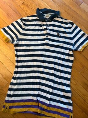 Burberry Authentic Navy and White Striped Polo with Yellow and Purple Trim
